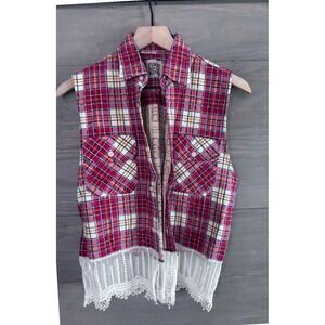 Furst of a Kind Plaid Sleeveless Button Shirt Lace Flannel